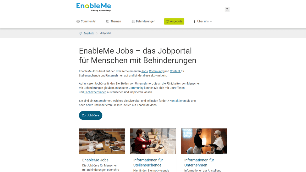 Einstiegsseite EnableMe Jobplattform