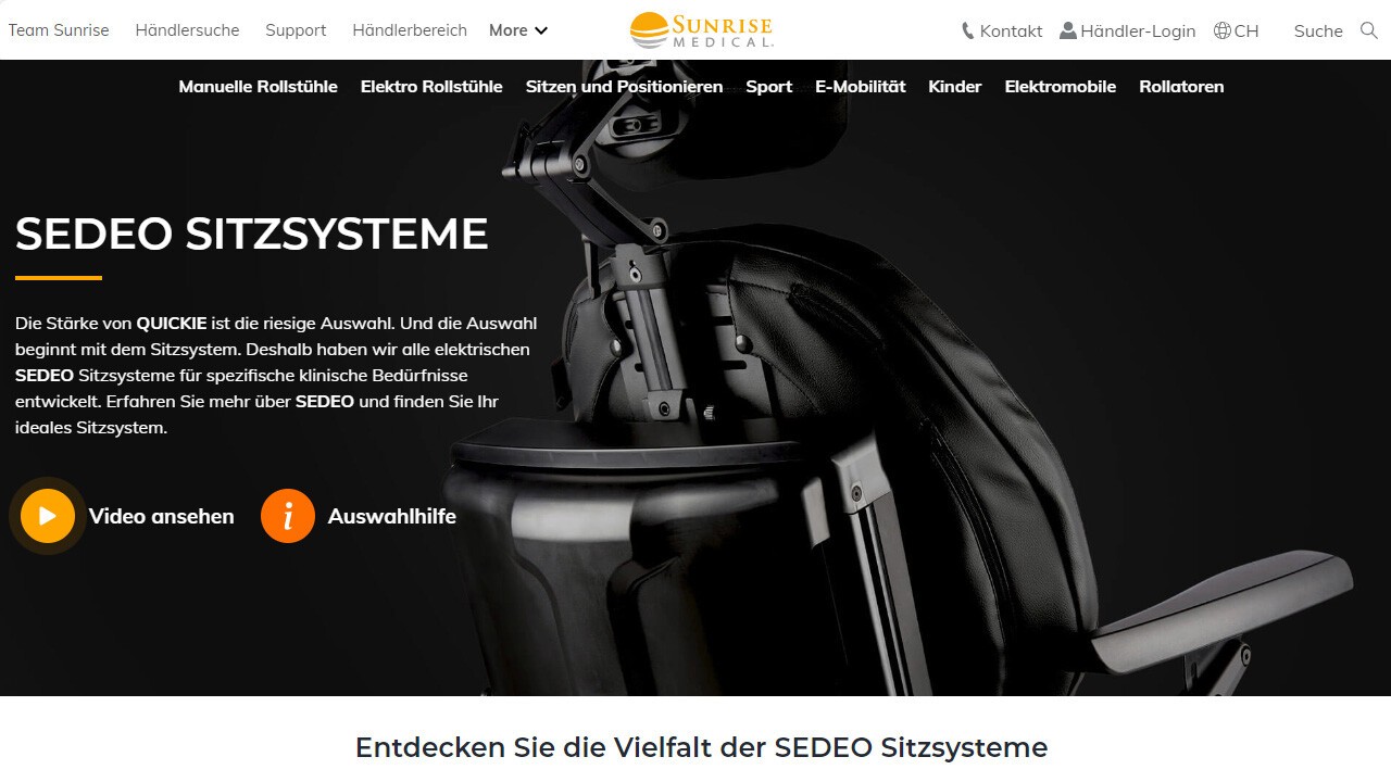 Rubrik Elektro Rollstühle > "SEDEO Sitzsysteme" auf www.sunrisemedical.ch