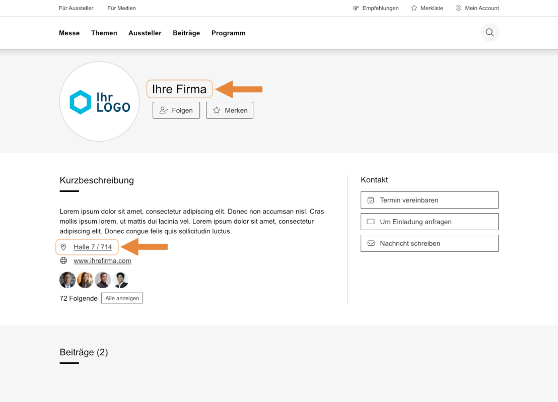 Aussteller-Profil: Firmenname, Halle/Stand